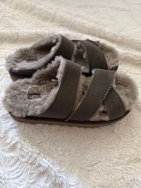 UGG Plush Shearling Double-Strap Slides in Taupe Gray